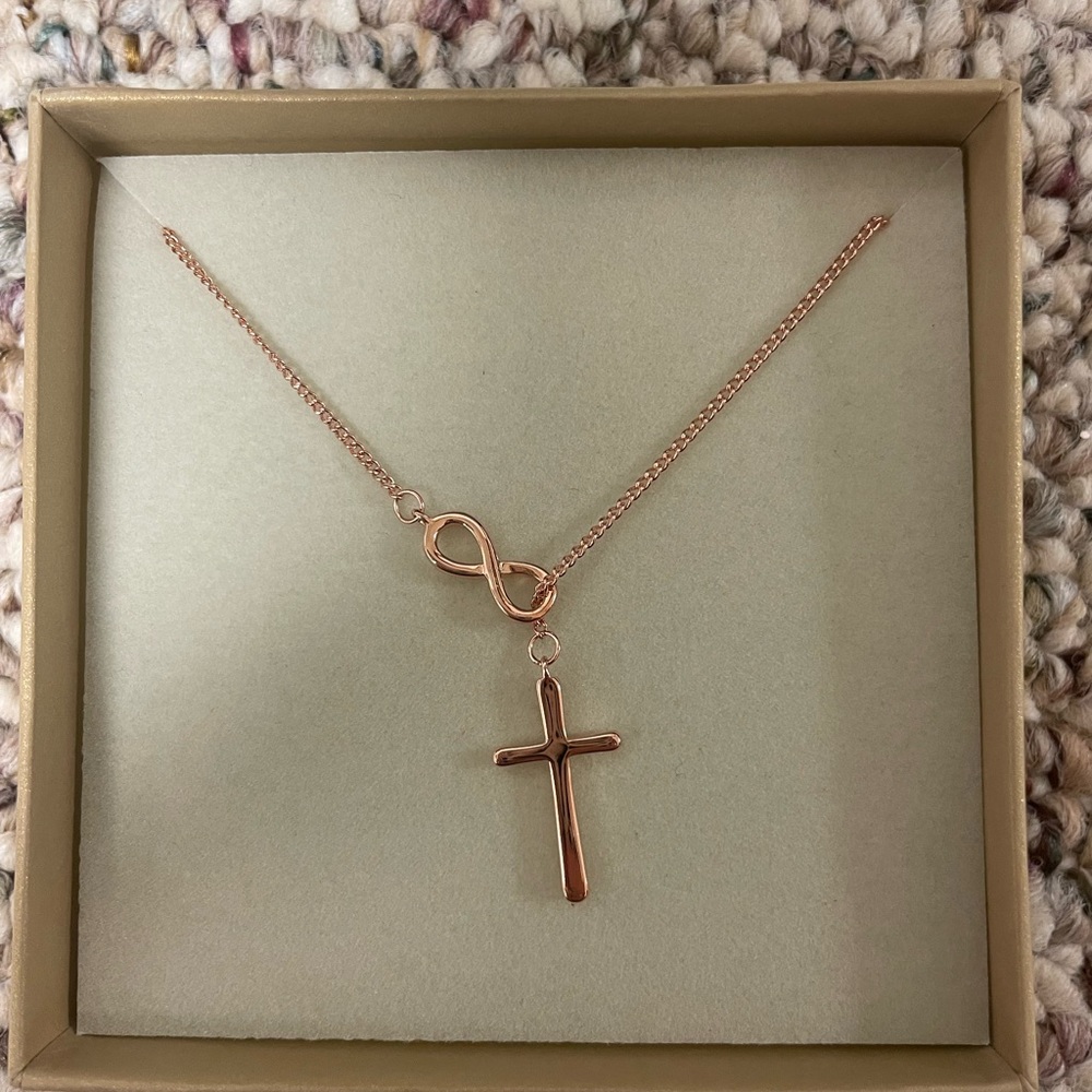 24" rose gold cross and infinity symbol necklace